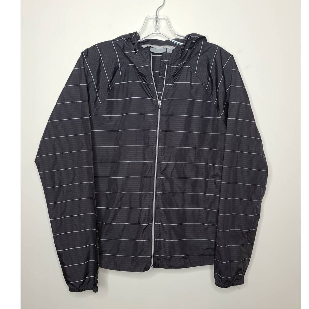 Athleta black grey striped hooded rain jacket *FLAW* - small - *FLAW*